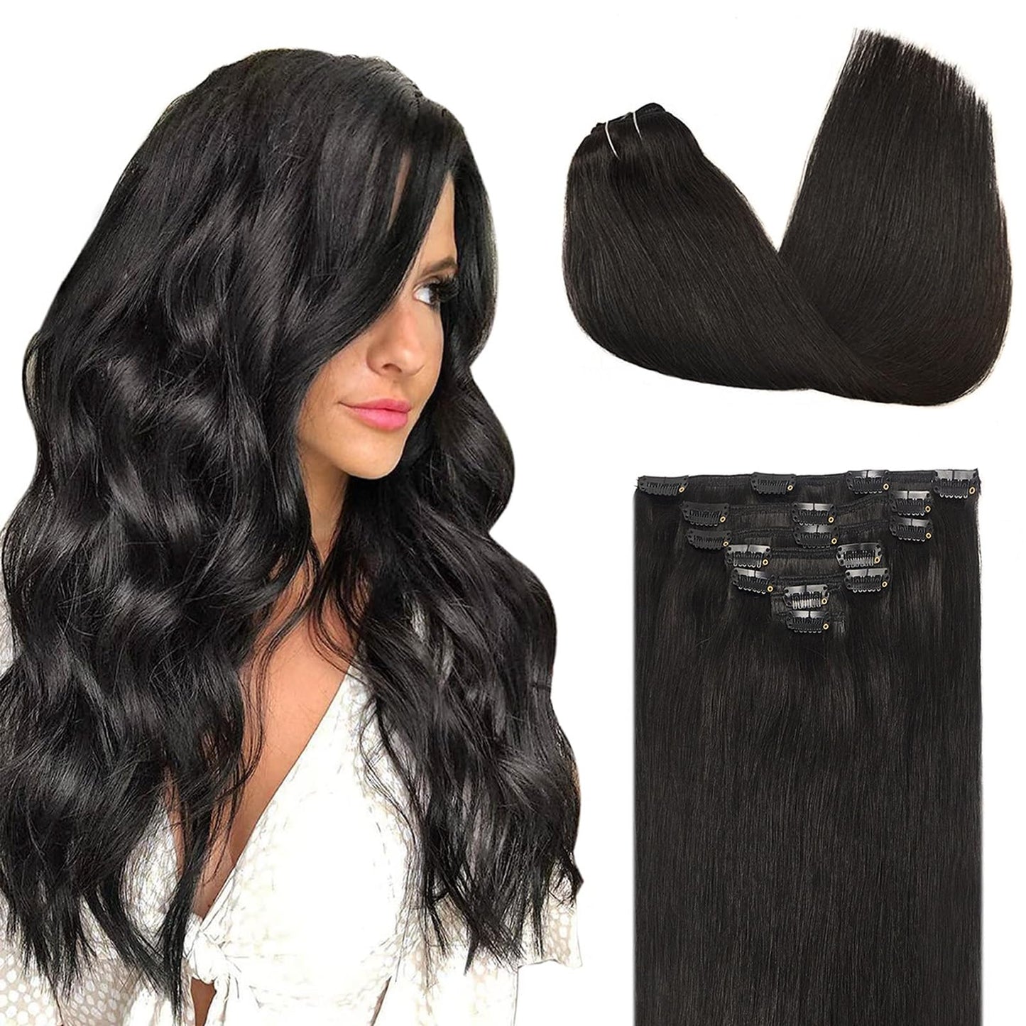 DOORES Seamless Clip in Hair Extensions Real Human Hair, Jet Black 150g 7pcs 20 Inch, Hair Extensions Clip in Human Hair Extensions Clip ins with Thin Weft Thick Straight Hair