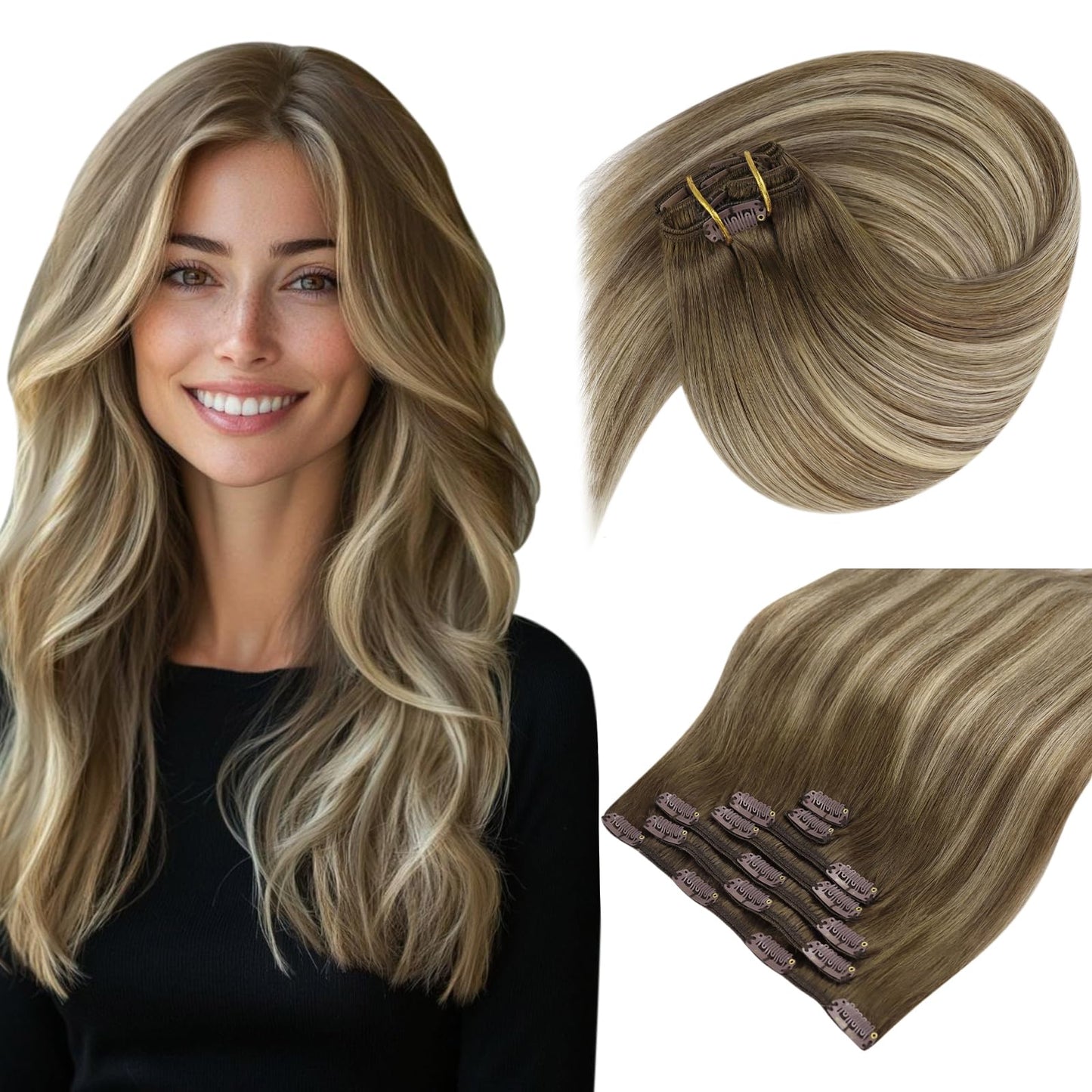 Clip in Hair Extensions Remy Human Hair Extensions for Women Real Hair Clip in Extensions Double Weft Dark Brown Balayage Medium Brown (12 inch-5pcs/80g, 14-24 inch-7pcs/120g)