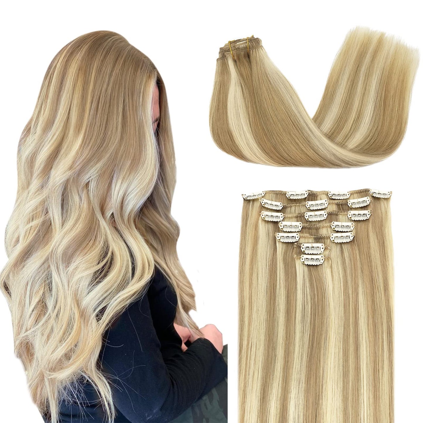 DOORES Seamless Clip in Hair Extensions Real Human Hair, Jet Black 150g 7pcs 20 Inch, Hair Extensions Clip in Human Hair Extensions Clip ins with Thin Weft Thick Straight Hair