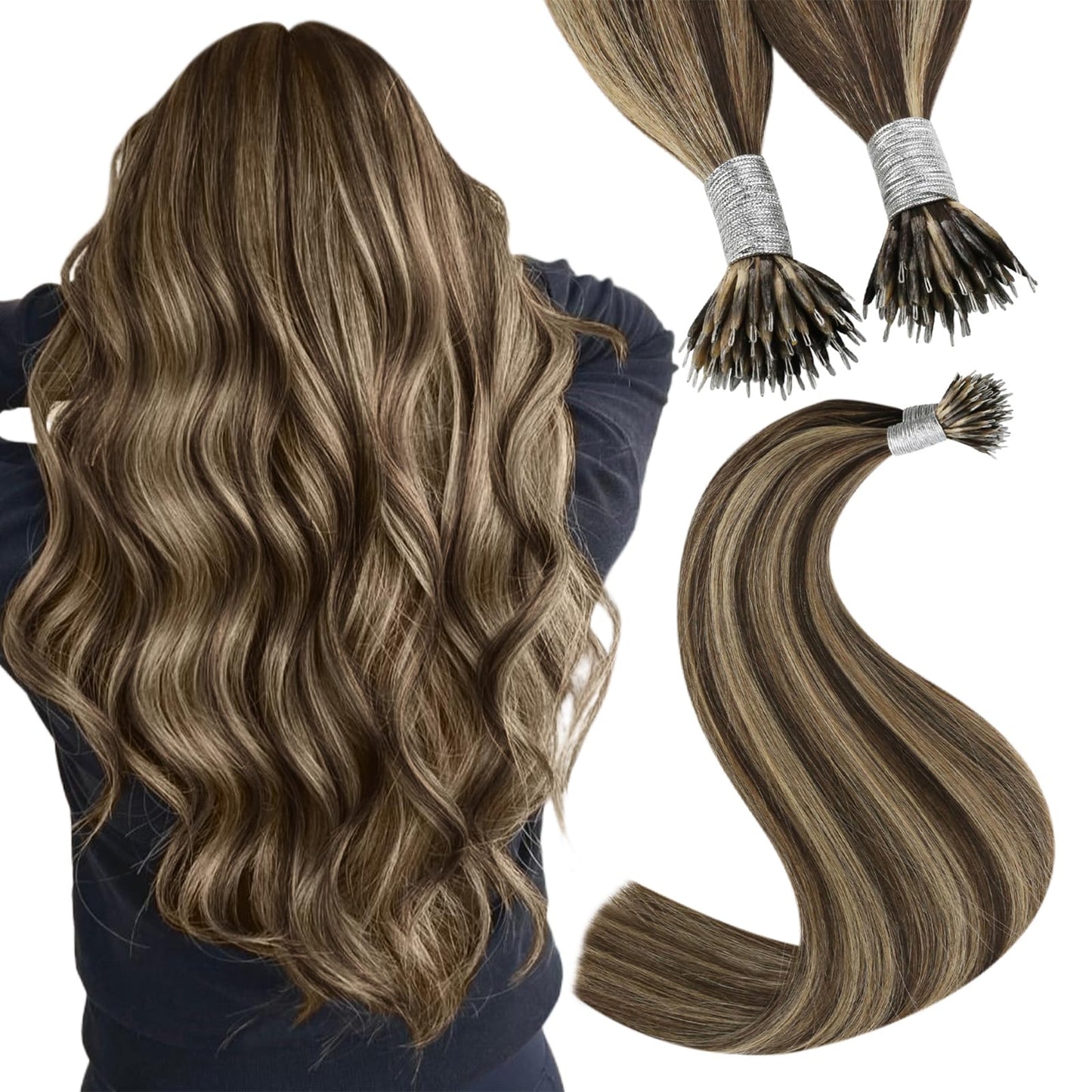 REMY premium Micro Link Hair Extensions Highlight Micro Loop Hair Extensions Real Human Hair Light Brown Highlights Blonde Micro Extensions Real Human Hair Add Hair Volume 18 Inch 50s/50g