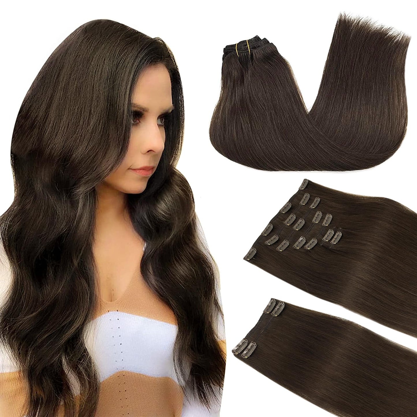 DOORES Seamless Clip in Hair Extensions Real Human Hair, Jet Black 150g 7pcs 20 Inch, Hair Extensions Clip in Human Hair Extensions Clip ins with Thin Weft Thick Straight Hair