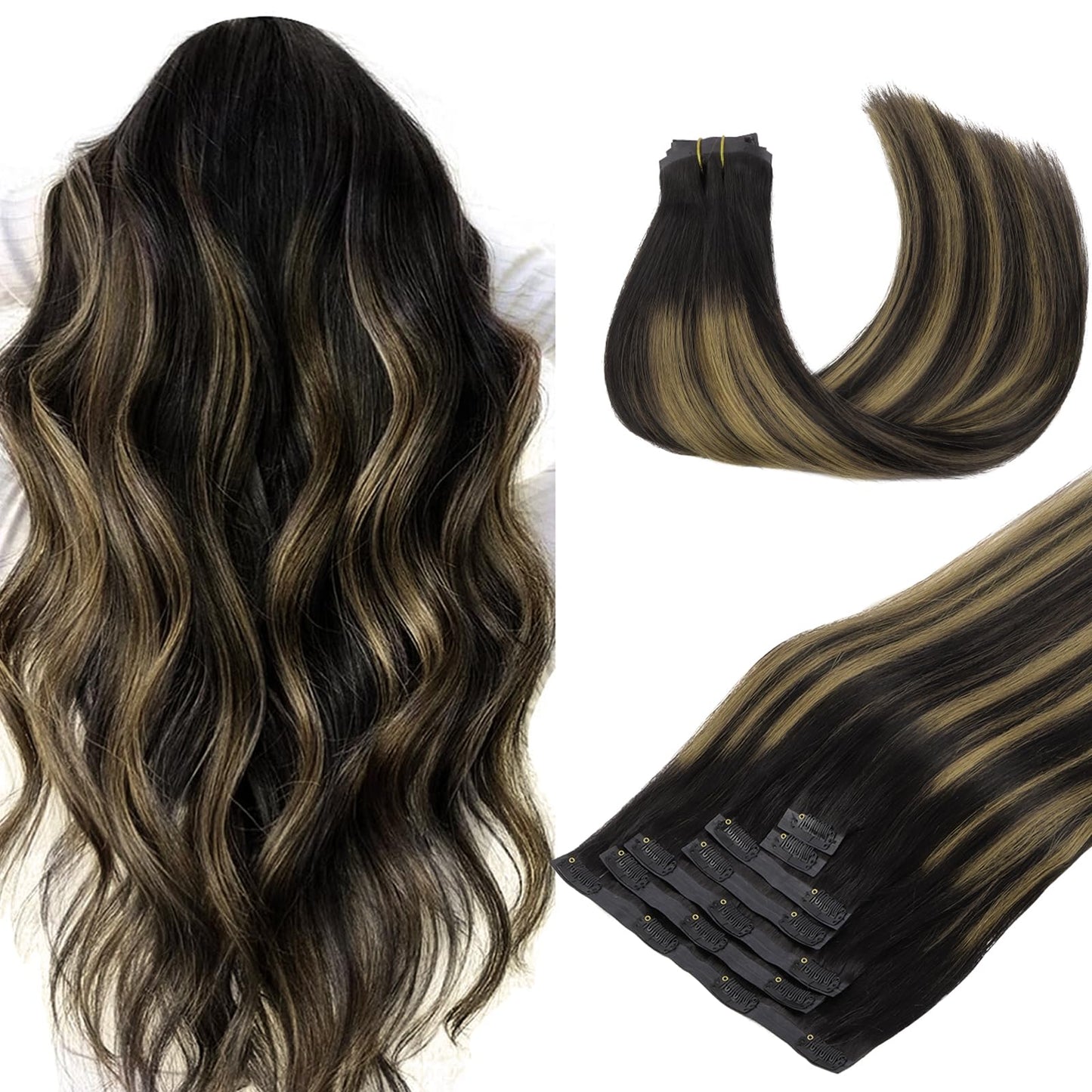 DOORES Seamless Clip in Hair Extensions Real Human Hair, Jet Black 150g 7pcs 20 Inch, Hair Extensions Clip in Human Hair Extensions Clip ins with Thin Weft Thick Straight Hair