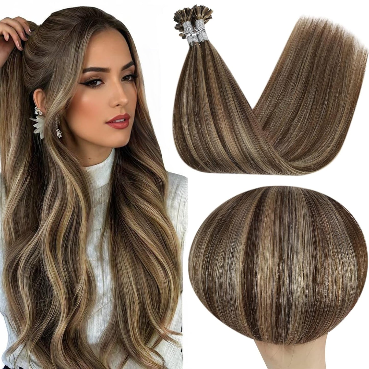 Full Shine Cold Fusion Prebonded Human Hair Extensions with Microbeads Color 18 Ash Blonde Highlighted 613 Blonde Micro Link Straight Hair 22 Inch Natural Hair Extensions for Women 50 Strands
