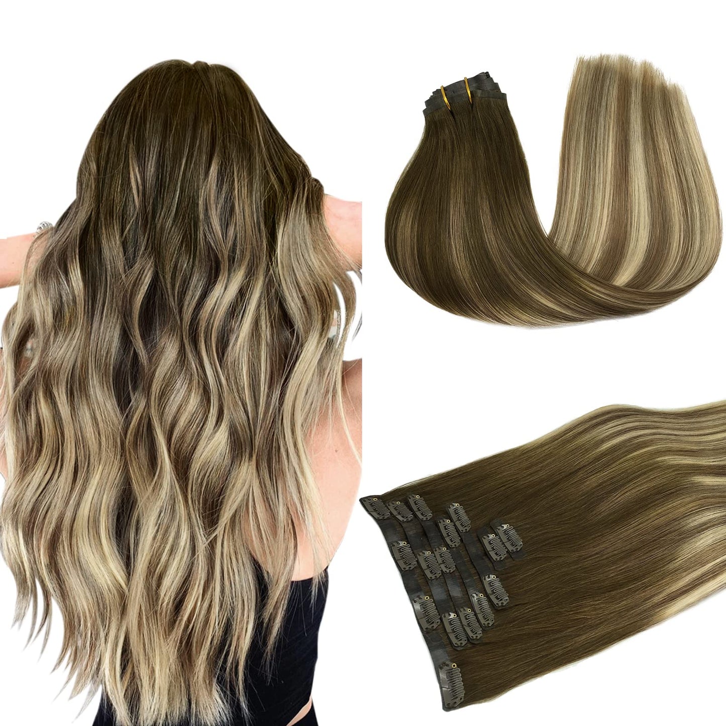DOORES Seamless Clip in Hair Extensions Real Human Hair, Jet Black 150g 7pcs 20 Inch, Hair Extensions Clip in Human Hair Extensions Clip ins with Thin Weft Thick Straight Hair
