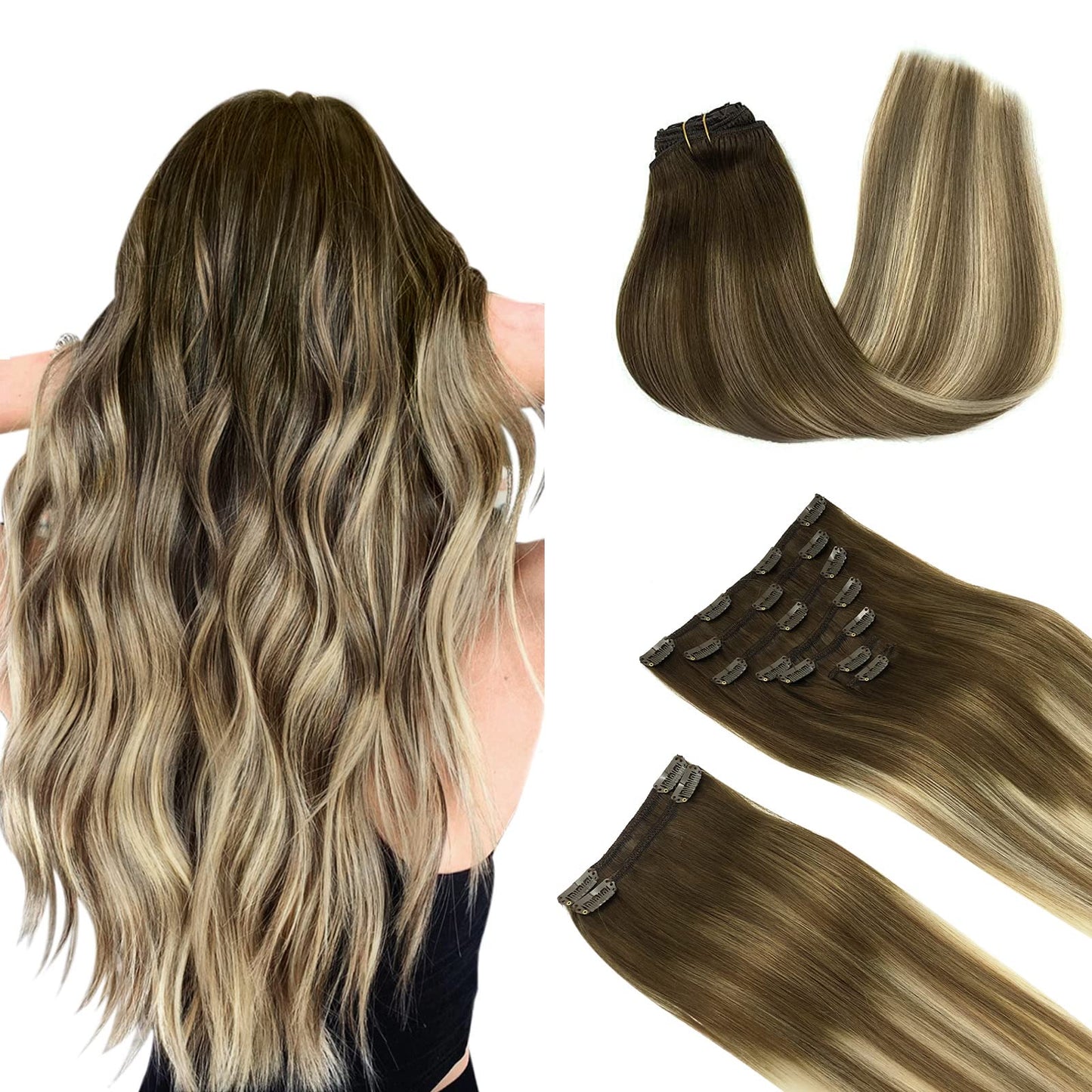 DOORES Seamless Clip in Hair Extensions Real Human Hair, Jet Black 150g 7pcs 20 Inch, Hair Extensions Clip in Human Hair Extensions Clip ins with Thin Weft Thick Straight Hair
