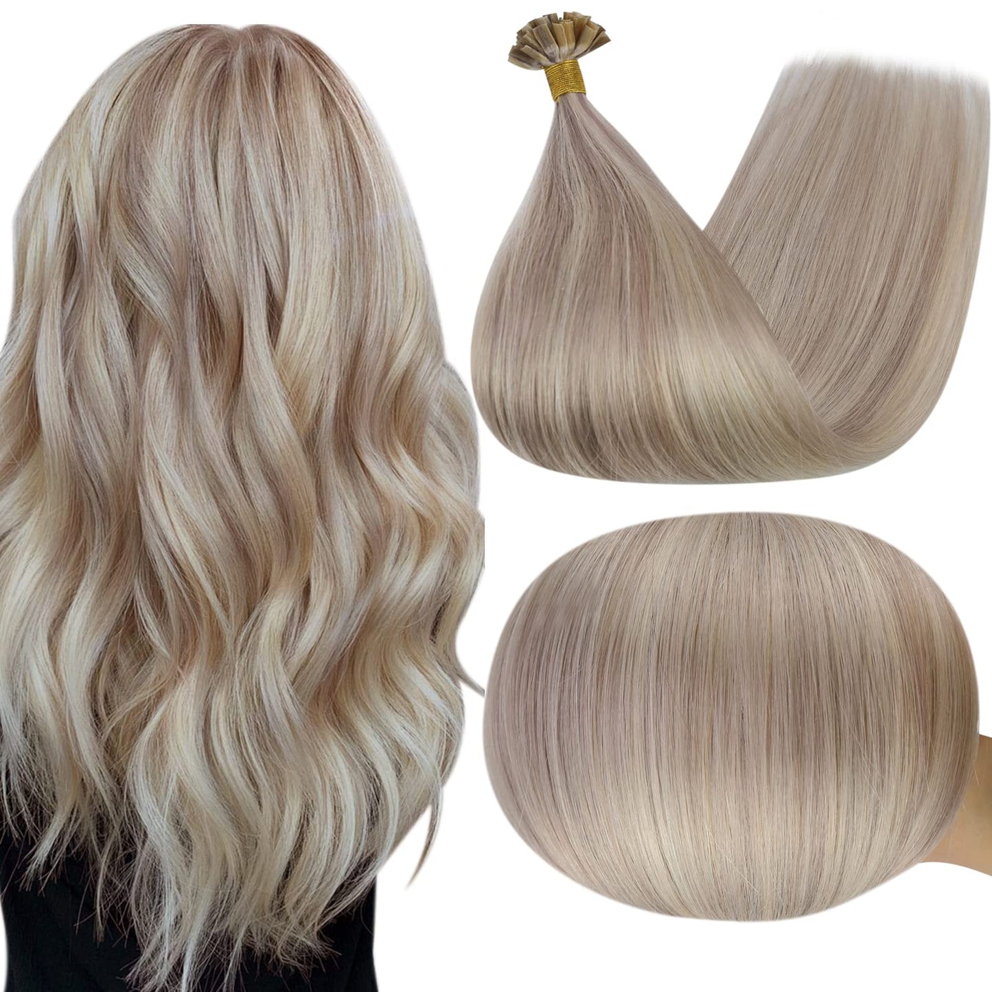Full Shine Cold Fusion Prebonded Human Hair Extensions with Microbeads Color 18 Ash Blonde Highlighted 613 Blonde Micro Link Straight Hair 22 Inch Natural Hair Extensions for Women 50 Strands