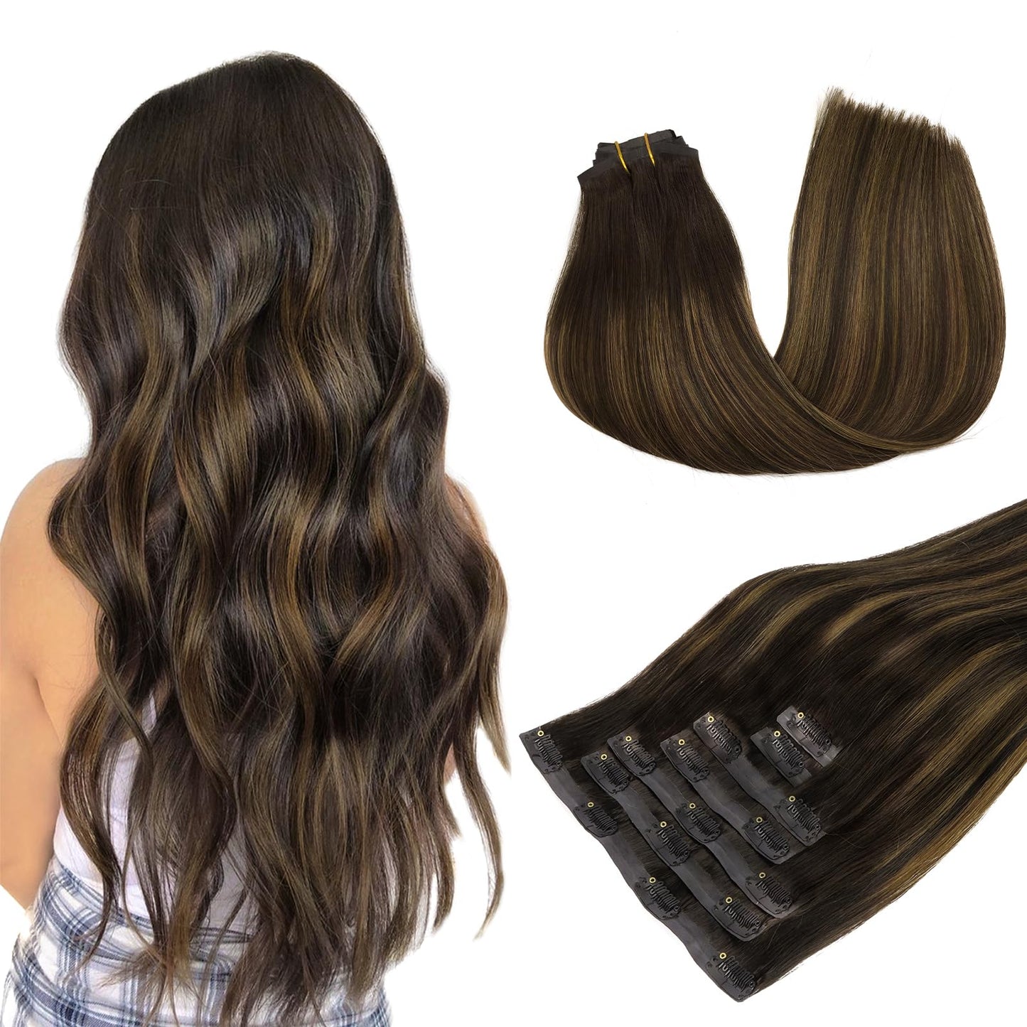 DOORES Seamless Clip in Hair Extensions Real Human Hair, Jet Black 150g 7pcs 20 Inch, Hair Extensions Clip in Human Hair Extensions Clip ins with Thin Weft Thick Straight Hair