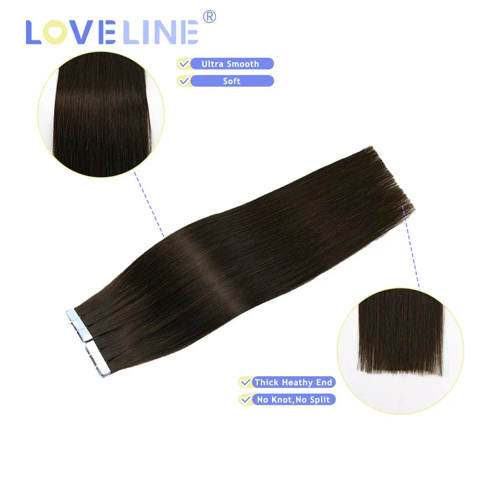 LOVELINE Tape In Hair Extensions Human Hair 100% Virgin Remy Natural Human Hair Skin Weft Invisiable Seamless Brown Color