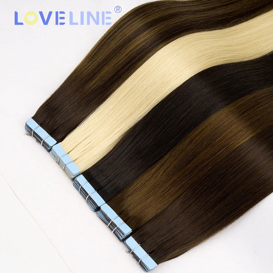 LOVELINE Tape In Hair Extensions Human Hair 100% Virgin Remy Natural Human Hair Skin Weft Invisiable Seamless Brown Color
