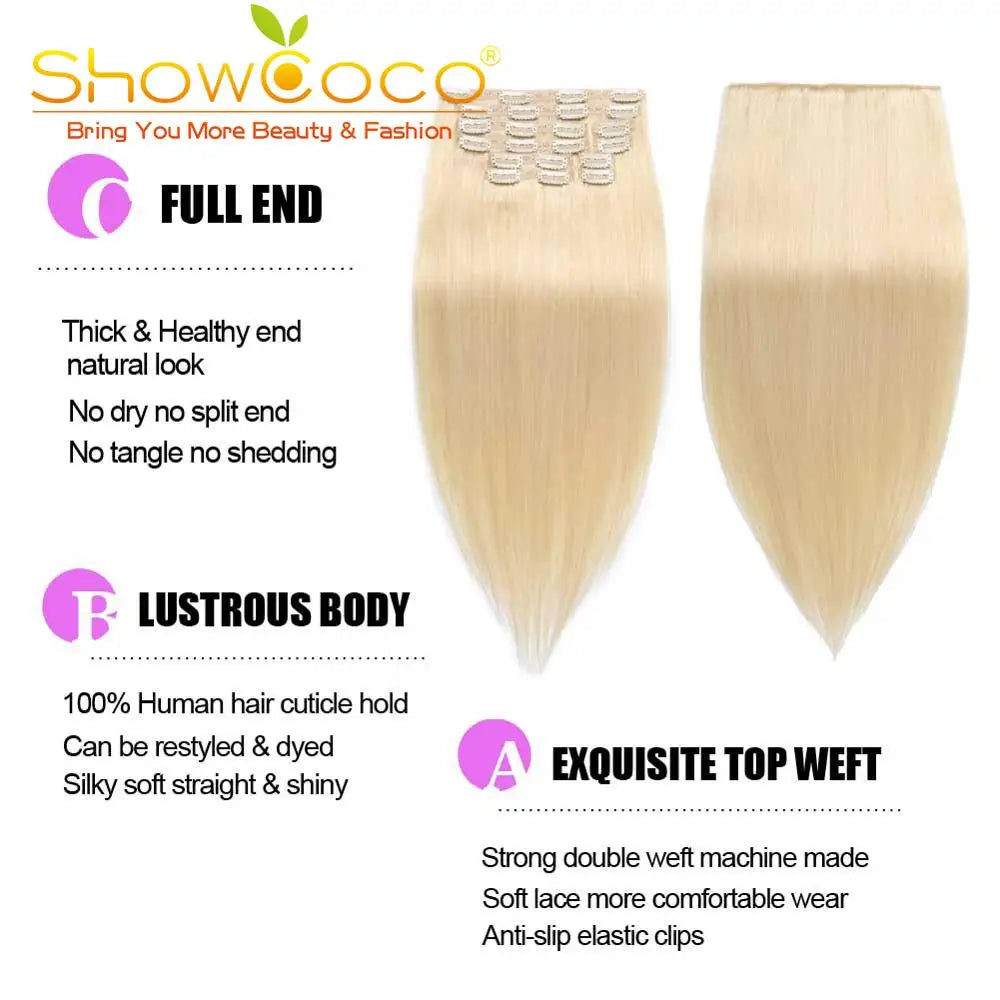 7pcs Clip in Human Straight Remy Hair 16-24 Inch ShowCoco 100% Remy hair extensi0on Clip-on hair
