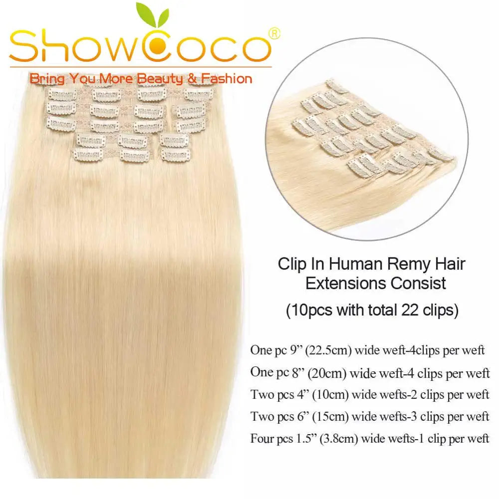 7pcs Clip in Human Straight Remy Hair 16-24 Inch ShowCoco 100% Remy hair extensi0on Clip-on hair