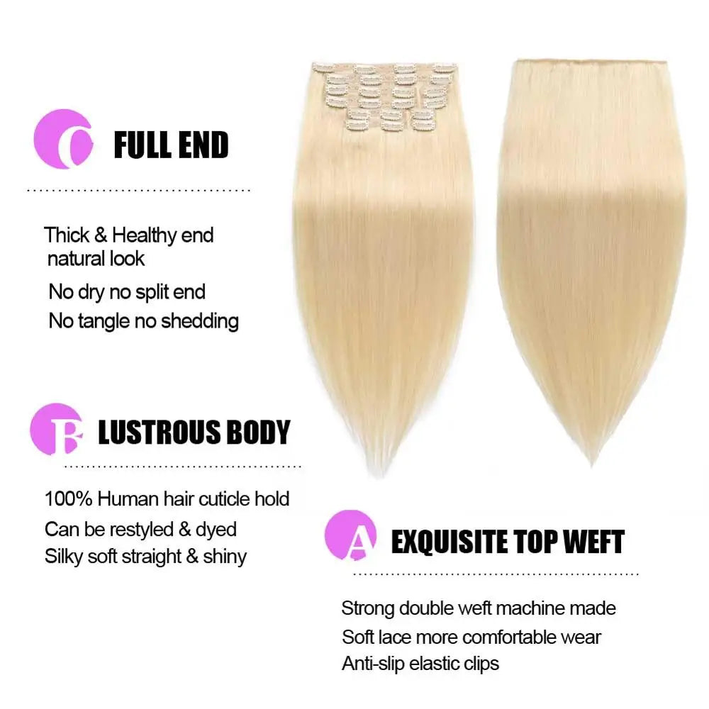 ShowCoco Hair Clip In Hair Extensions Human Silky Straight 100% Remy Natural 7 pieces Set Black Blonde Clip In Hair