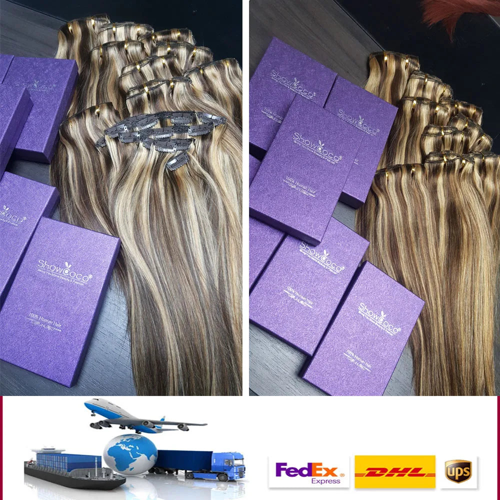 ShowCoco Hair Clip In Hair Extensions Human Silky Straight 100% Remy Natural 7 pieces Set Black Blonde Clip In Hair