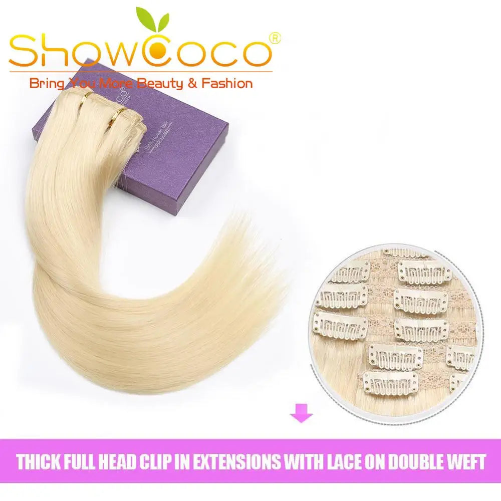 7pcs Clip in Human Straight Remy Hair 16-24 Inch ShowCoco 100% Remy hair extensi0on Clip-on hair