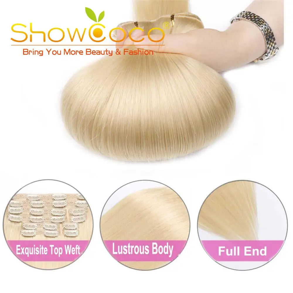 7pcs Clip in Human Straight Remy Hair 16-24 Inch ShowCoco 100% Remy hair extensi0on Clip-on hair