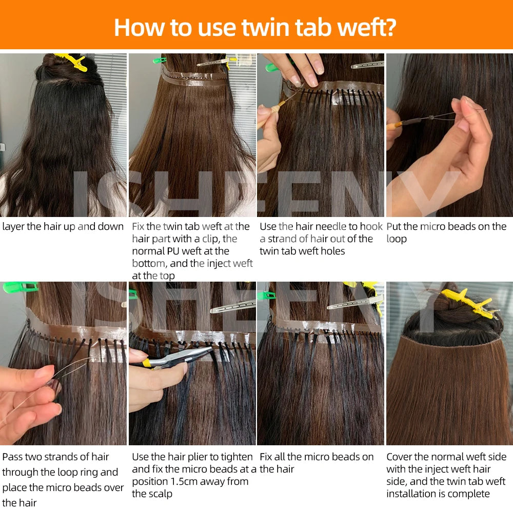 Invisible Hole Weft Human Hair Extensions 12"-24" Twin Tab Weft Hair Natural Straight Pull Through Micro Weft Hair Spot Goods