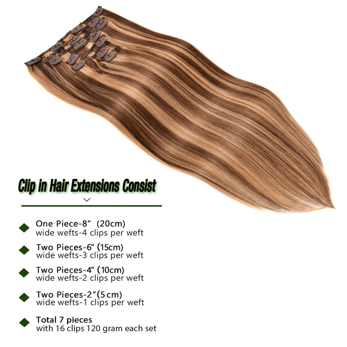 Clip in Hair Extensions Real Human Hair, 7pcs 16 Clips 70g,Chocolate Brown to Caramel Blonde, Clip in 100% Brazilian Remy Human