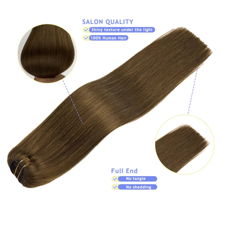 LOVELINE 7PCS PU Seamless Clip In Hair Extensions Invisible PU Skin Weft Straight Remy Hair Darkest Brown Hair 80G 14"-24"