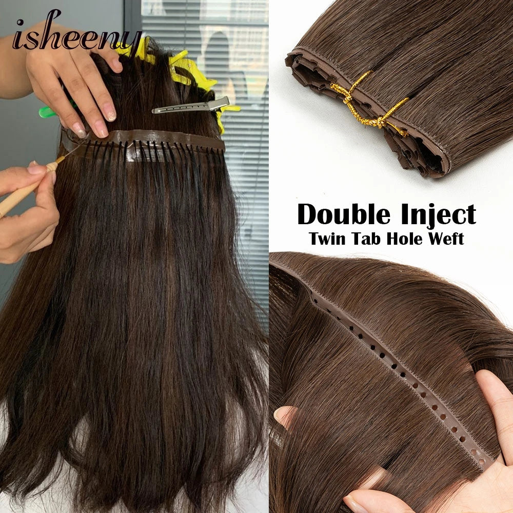 Invisible Hole Weft Human Hair Extensions 12"-24" Twin Tab Weft Hair Natural Straight Pull Through Micro Weft Hair Spot Goods