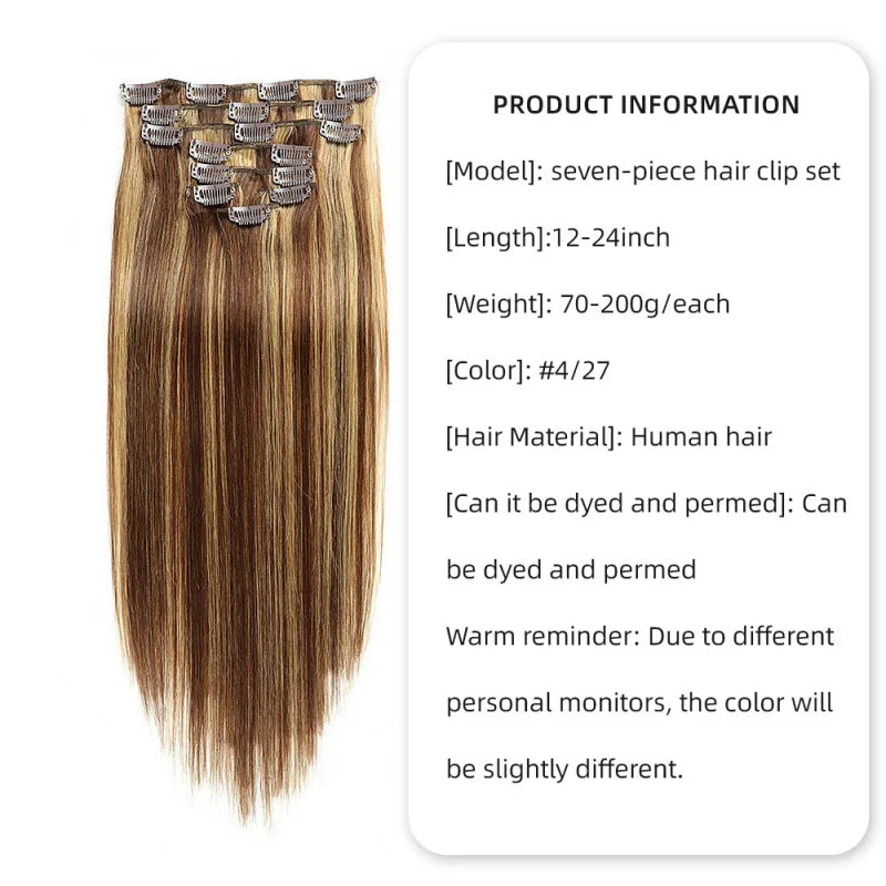 Hair Clip In Hair Extensions Real Human Hair for Women Highlights Chocolate Straight Hair 7pcs Clip In Human Hair for Women