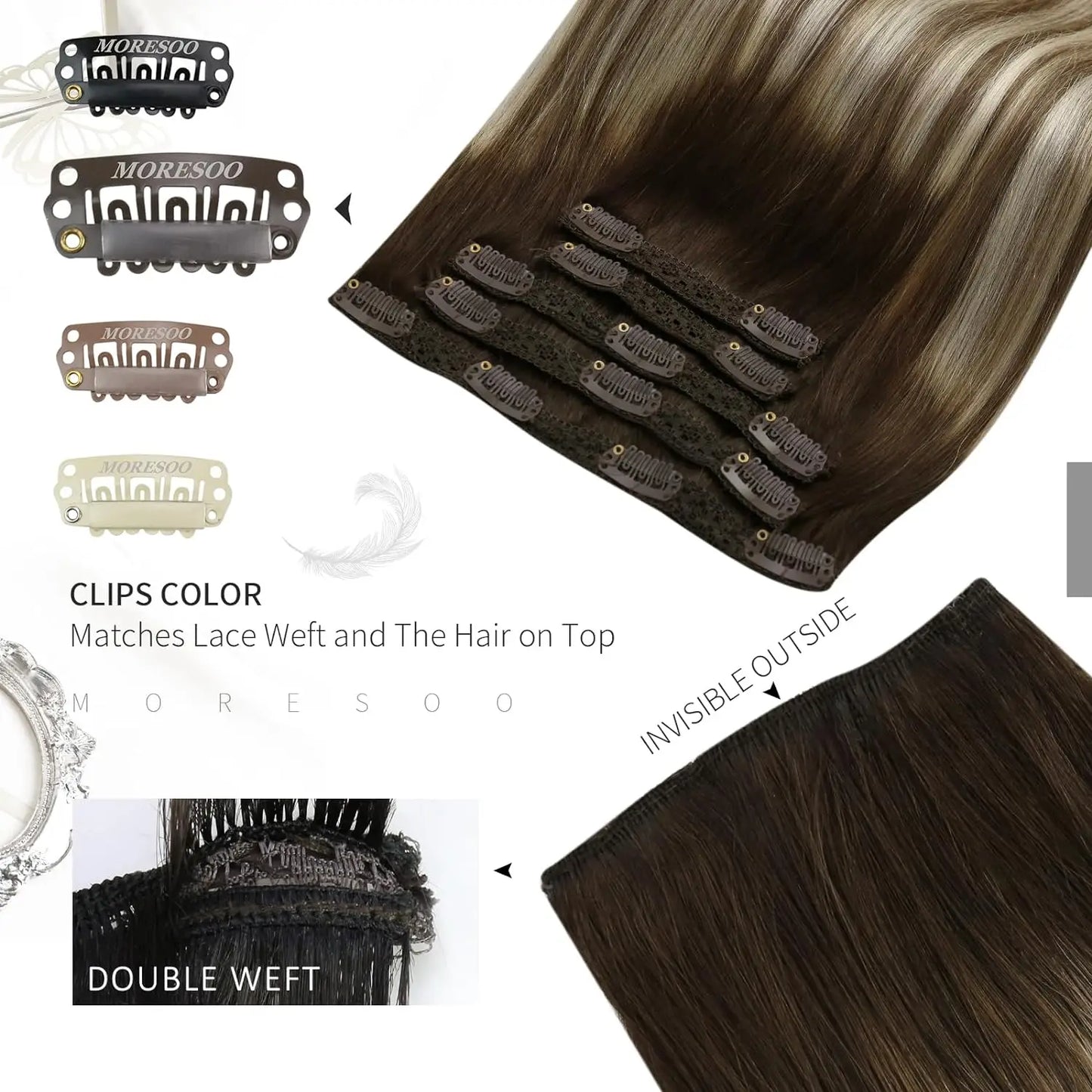 Moresoo Clip in Hair Extensions Real Human Hair Ombre Real Hair Extension Clip in Human Hair 5PCS 70G Remy Clip in Extensions