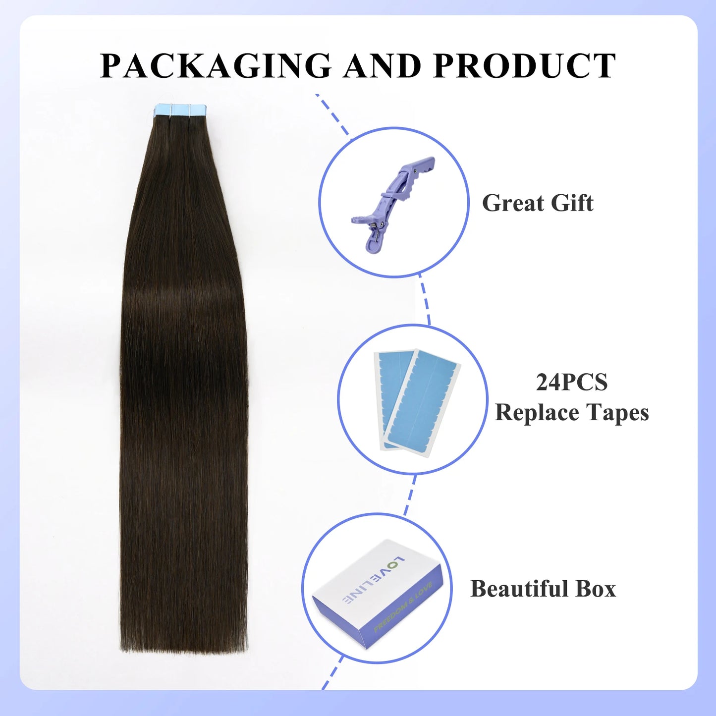 LOVELINE 20pcs 50g Brown Tape in Hair Extensions Human Hair Remy Straight Hair Extensions Invisible PU Skin Weft Hair for Women