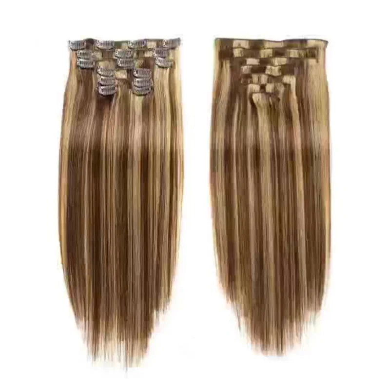 Hair Clip In Hair Extensions Real Human Hair for Women Highlights Chocolate Straight Hair 7pcs Clip In Human Hair for Women