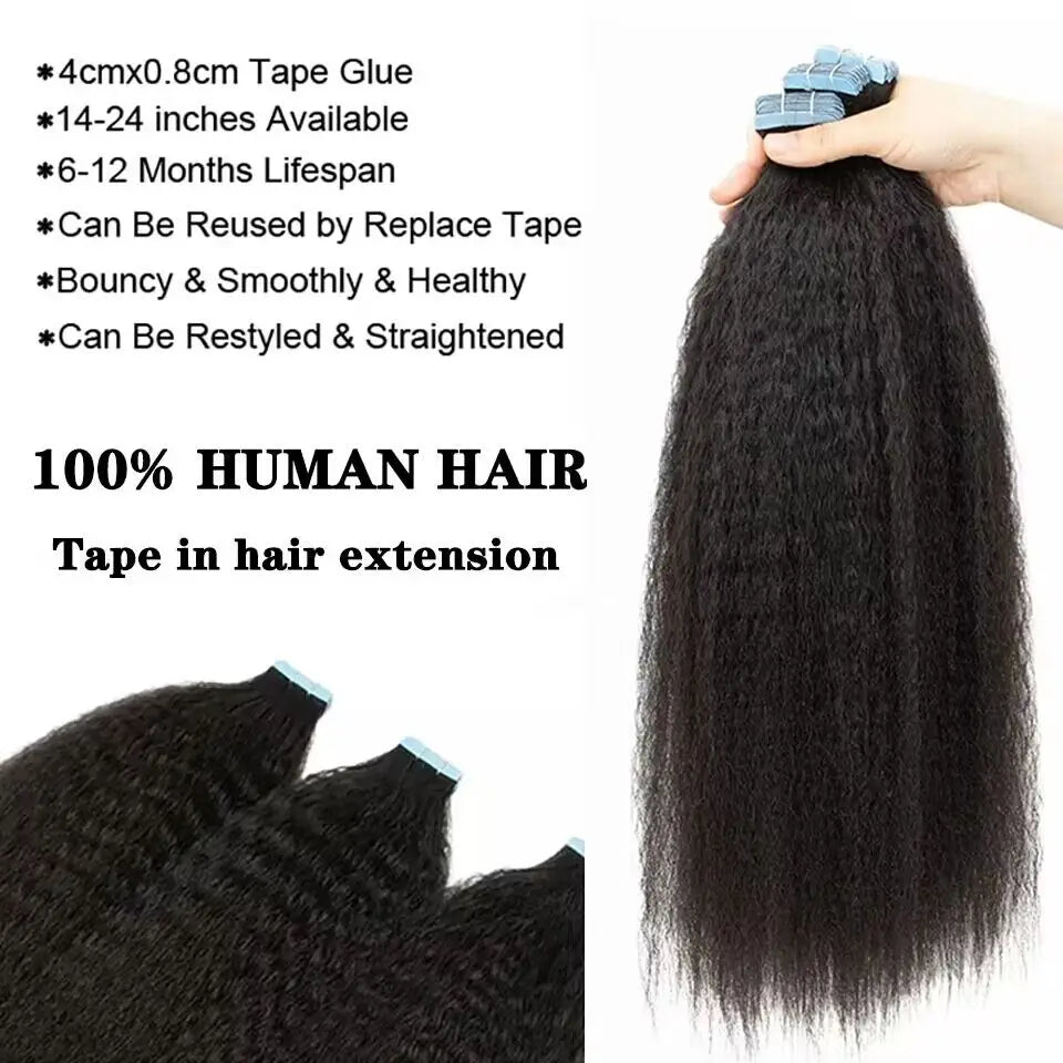 Tape In Human Hair Kinky Straight Extensions 100% Real Remy Human Hair Weft Adhesive Glue On For Salon High Quality for Woman