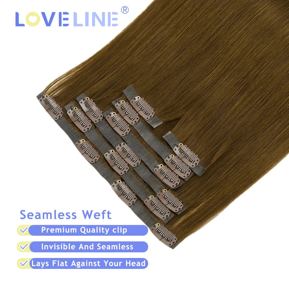LOVELINE 7PCS PU Seamless Clip In Hair Extensions Invisible PU Skin Weft Straight Remy Hair Darkest Brown Hair 80G 14"-24"