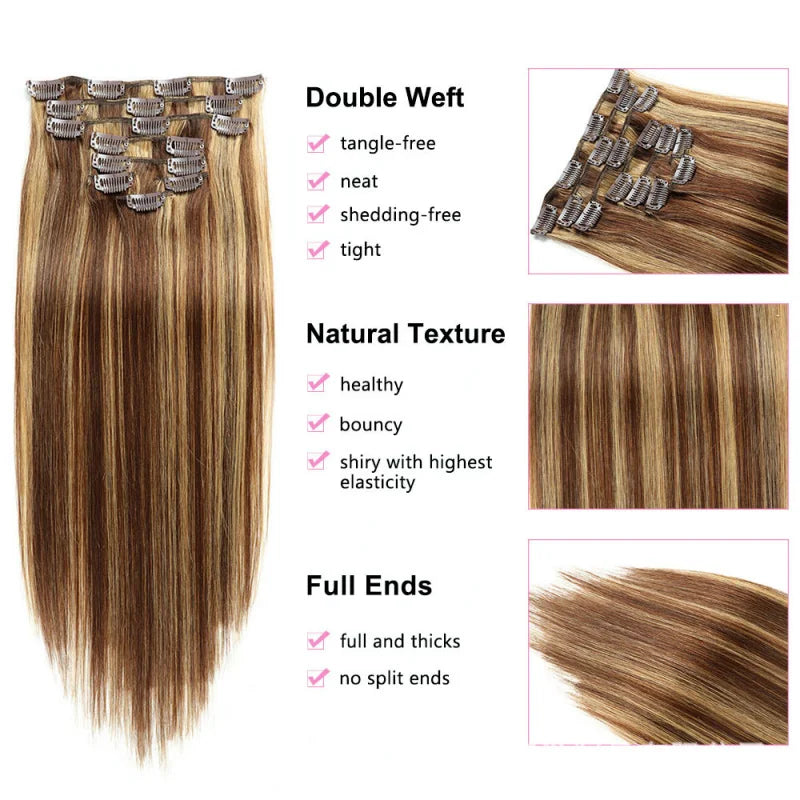 Hair Clip In Hair Extensions Real Human Hair for Women Highlights Chocolate Straight Hair 7pcs Clip In Human Hair for Women