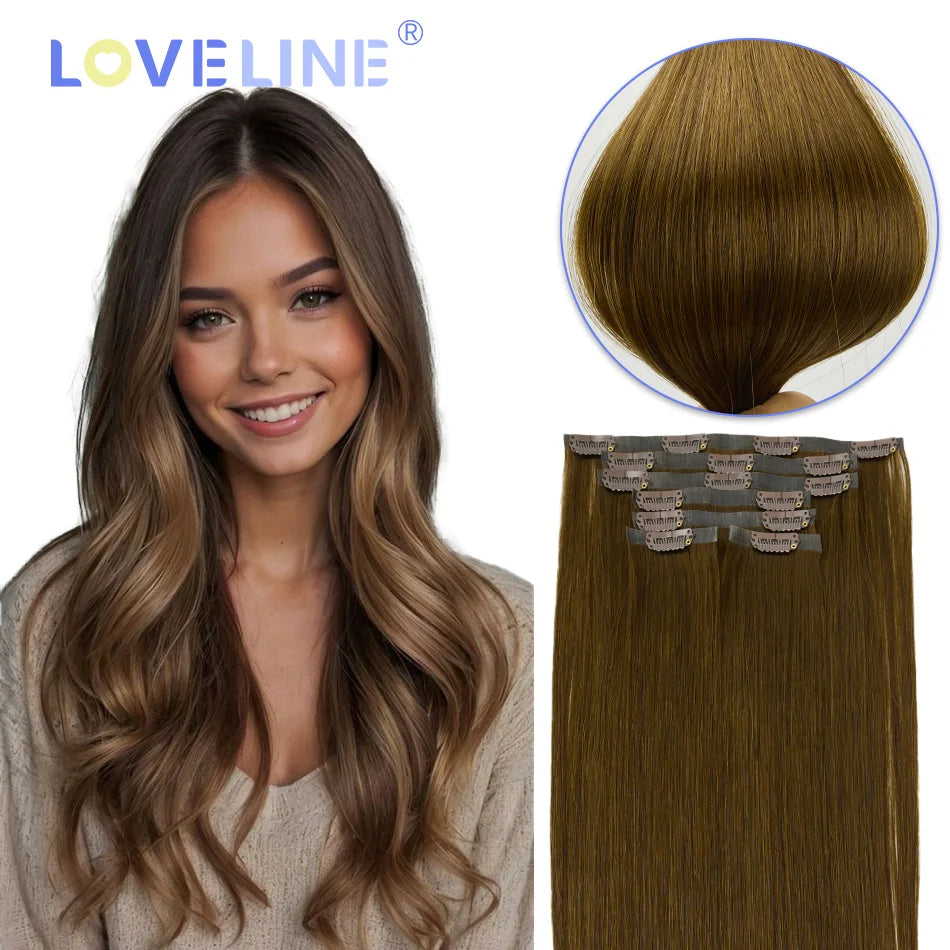 LOVELINE 7PCS PU Seamless Clip In Hair Extensions Invisible PU Skin Weft Straight Remy Hair Darkest Brown Hair 80G 14"-24"