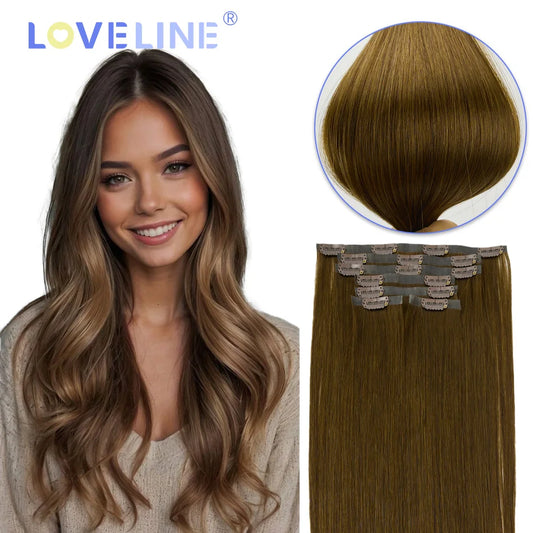 LOVELINE 7PCS PU Seamless Clip In Hair Extensions Invisible PU Skin Weft Straight Remy Hair Darkest Brown Hair 80G 14"-24"