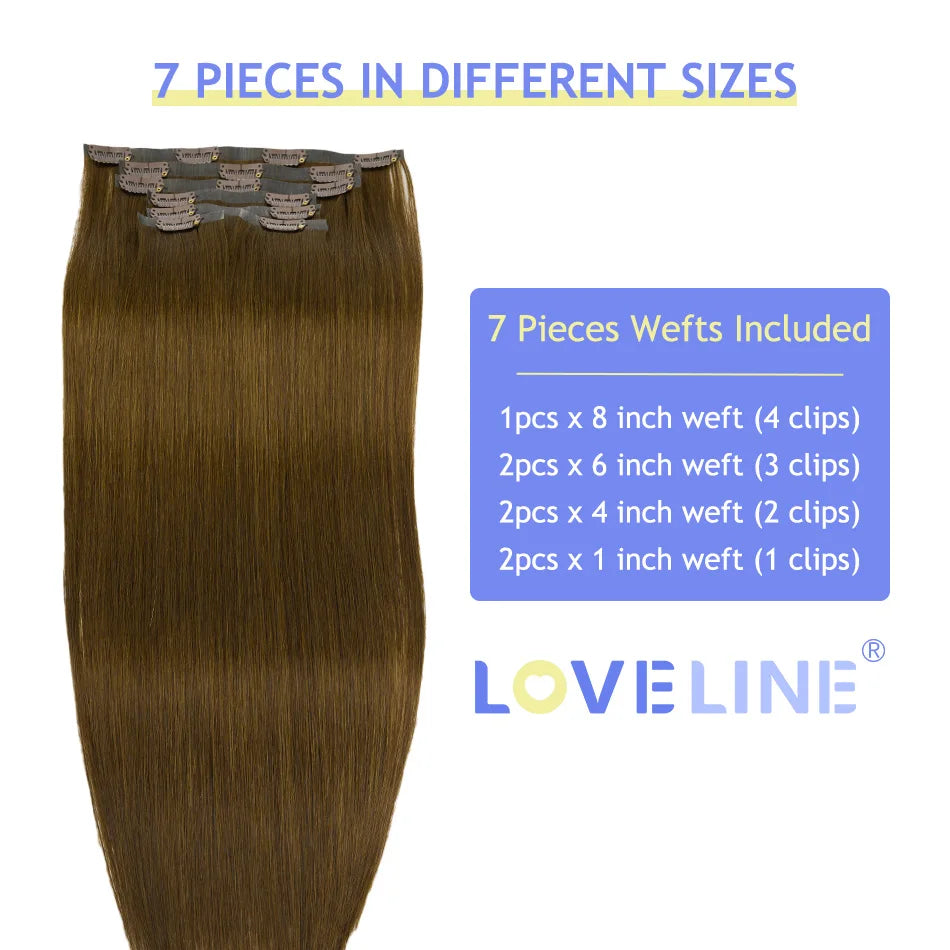 LOVELINE 7PCS PU Seamless Clip In Hair Extensions Invisible PU Skin Weft Straight Remy Hair Darkest Brown Hair 80G 14"-24"