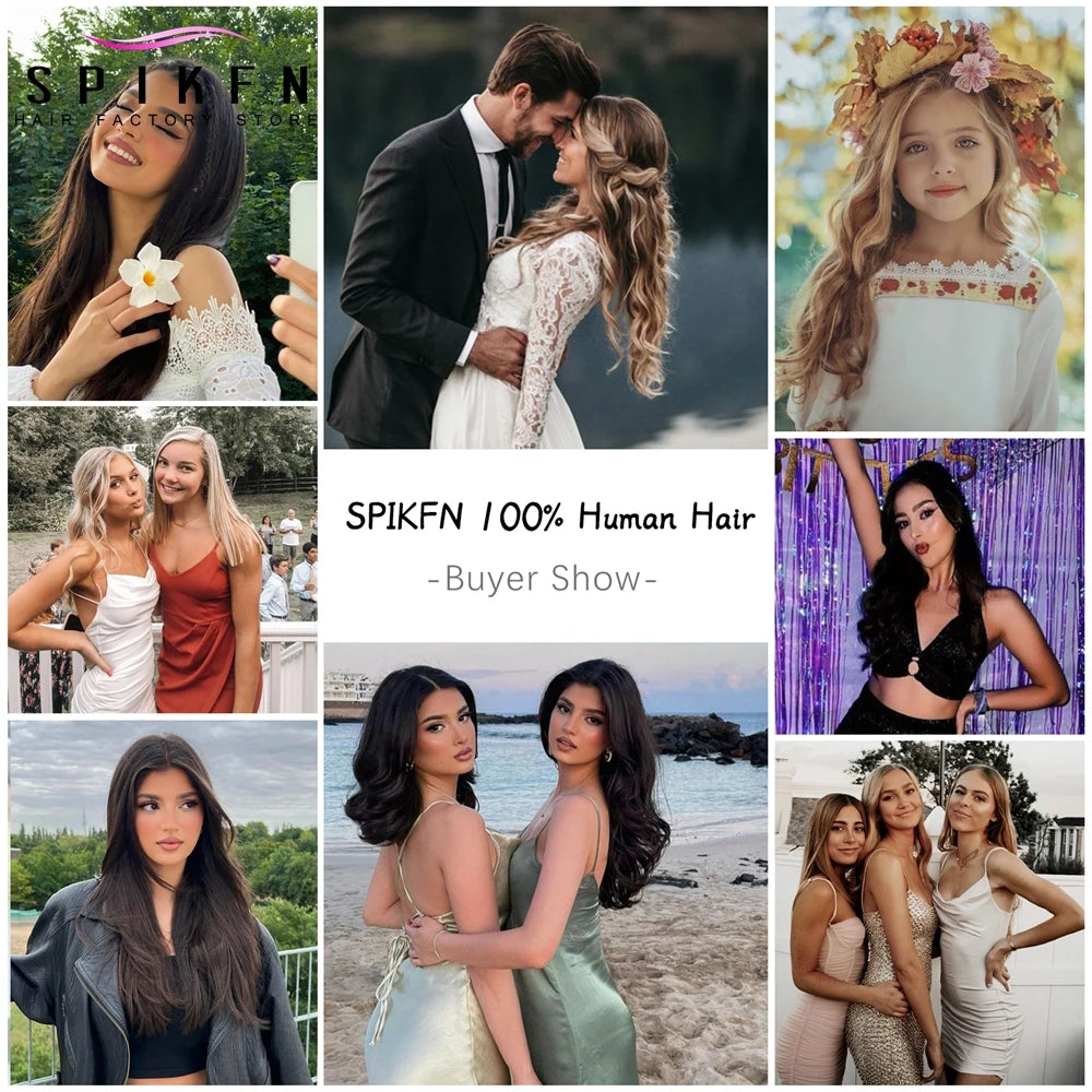 Invisible Wire in Human Hair Extensions Straight 4 Clips in Hair Extensions Human Hair 12-22" Real Natural Fish Line Hairpieces