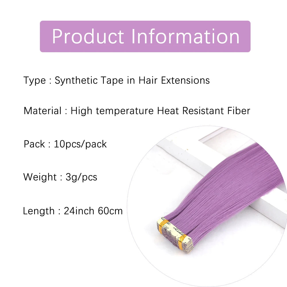 10pcs/pack Tape In Hair Extensions Invisible Adhesive Synthetic Colored Tape In Hair Extension Pink Purple Blue Colorful Hair