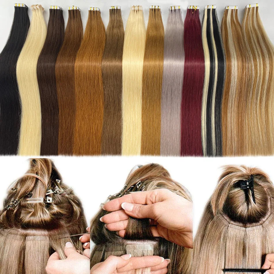 Tape In Hair Weft Extensions Cuticle Aligned Virgin Human Hair Invisible Adhesive Skin Hair European Straight