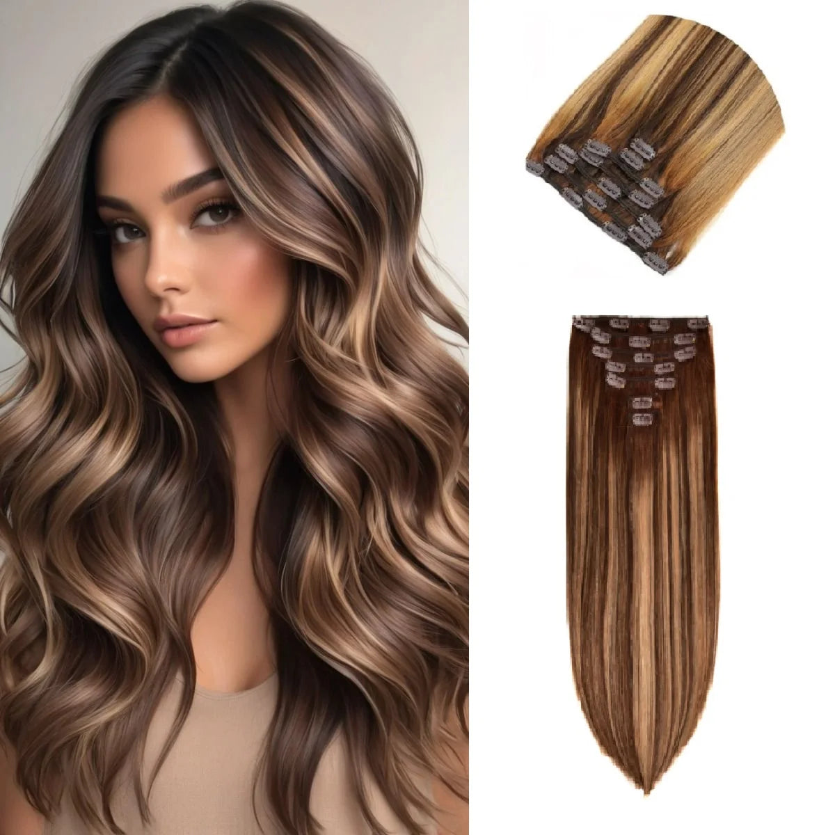 Real Human Clip in Hair Extensions Ormbre Human Hair Balayage Chocolate Brown to Caramel Blonde Clip Ins hair Extensions