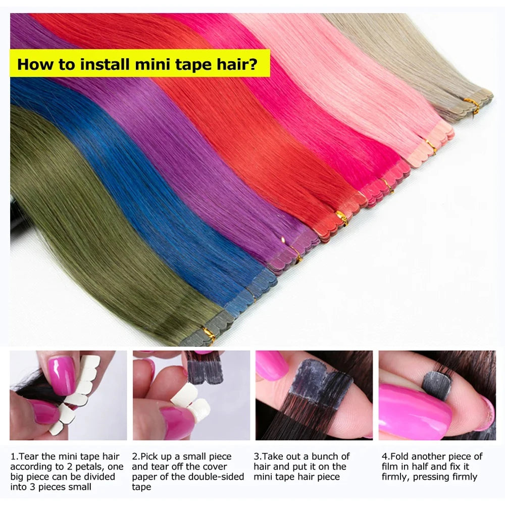 10pcs/pack Tape In Hair Extensions Invisible Adhesive Synthetic Colored Tape In Hair Extension Pink Purple Blue Colorful Hair