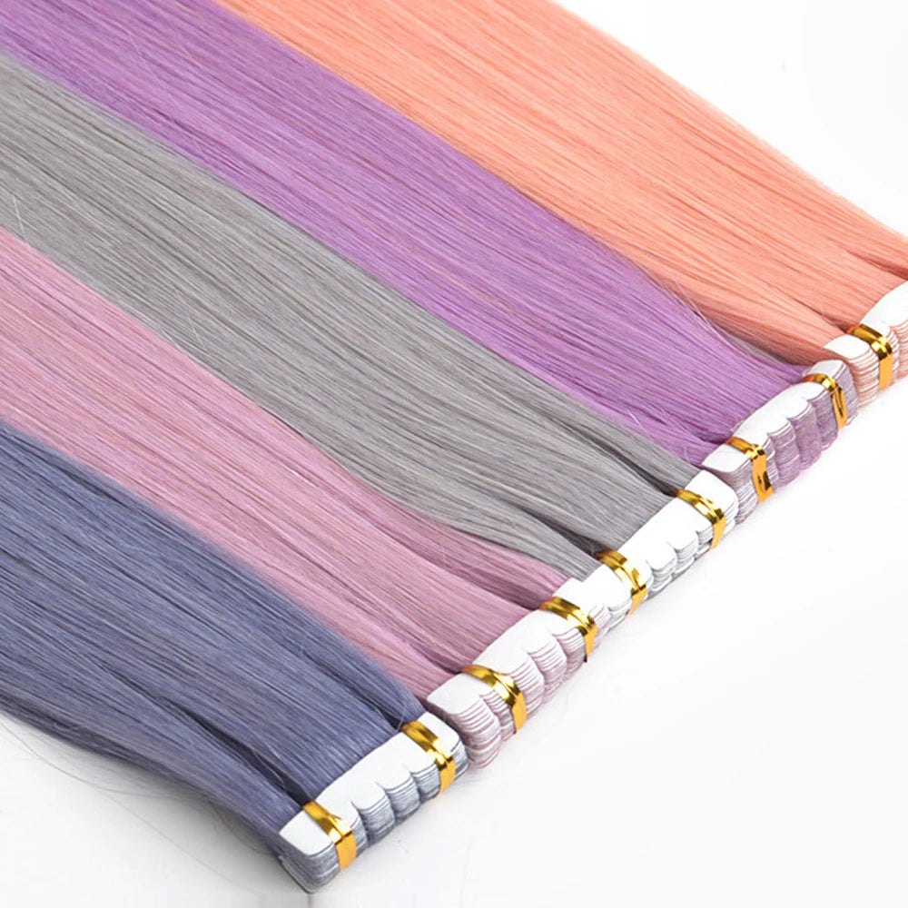 10pcs/pack Tape In Hair Extensions Invisible Adhesive Synthetic Colored Tape In Hair Extension Pink Purple Blue Colorful Hair