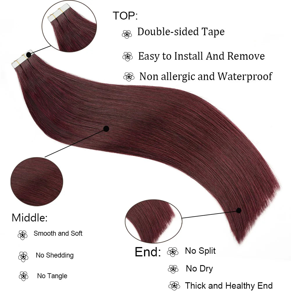 Tape in Human Hair Extensions Brazilian Hair 12-24" Invisible Seamless Burgundy Human Hair Tape in Extensions #99J 20pcs