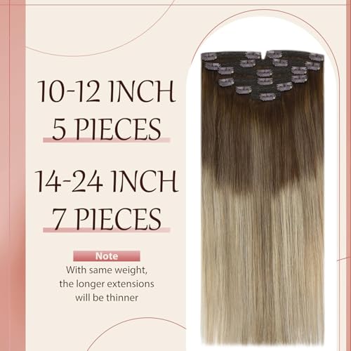 Clip in Hair Extensions Remy Human Hair Extensions for Women Real Hair Clip in Extensions Double Weft Dark Brown Balayage Medium Brown (12 inch-5pcs/80g, 14-24 inch-7pcs/120g)