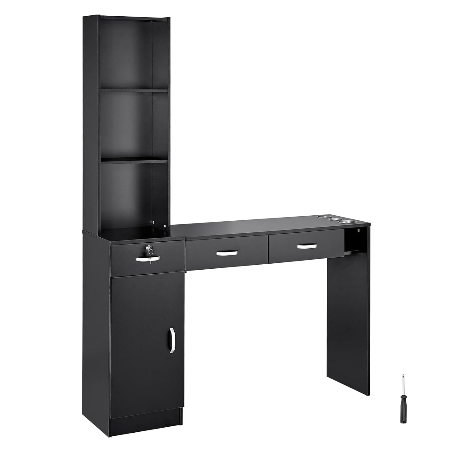 VEVOR Salon Station, Wall Mount Barber Salon Station for Hair Stylist, Beauty Spa Furniture Set, 1 Storage Cabinet, 3 Open Cubbies and 3 Drawers(One Lockable), Black
