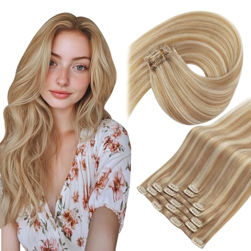 Clip in Hair Extensions Remy Human Hair Extensions for Women Real Hair Clip in Extensions Double Weft Dark Brown Balayage Medium Brown (12 inch-5pcs/80g, 14-24 inch-7pcs/120g)