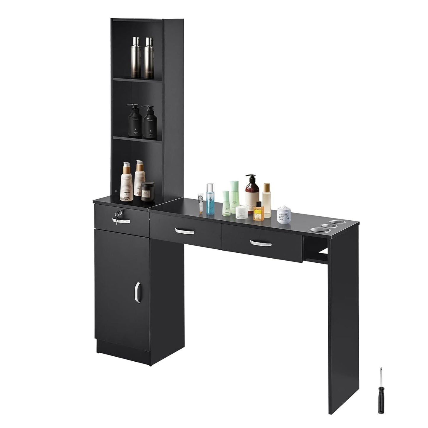 VEVOR Salon Station, Wall Mount Barber Salon Station for Hair Stylist, Beauty Spa Furniture Set, 1 Storage Cabinet, 3 Open Cubbies and 3 Drawers(One Lockable), Black