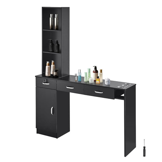 VEVOR Salon Station, Wall Mount Barber Salon Station for Hair Stylist, Beauty Spa Furniture Set, 1 Storage Cabinet, 3 Open Cubbies and 3 Drawers(One Lockable), Black