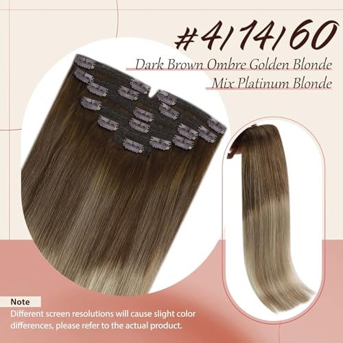 Clip in Hair Extensions Remy Human Hair Extensions for Women Real Hair Clip in Extensions Double Weft Dark Brown Balayage Medium Brown (12 inch-5pcs/80g, 14-24 inch-7pcs/120g)