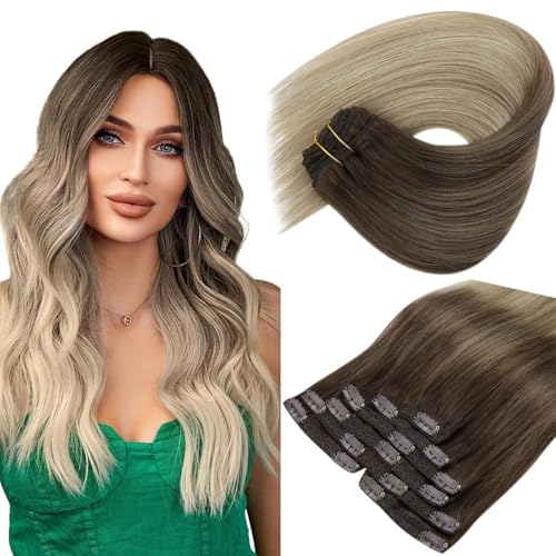 Clip in Hair Extensions Remy Human Hair Extensions for Women Real Hair Clip in Extensions Double Weft Dark Brown Balayage Medium Brown (12 inch-5pcs/80g, 14-24 inch-7pcs/120g)
