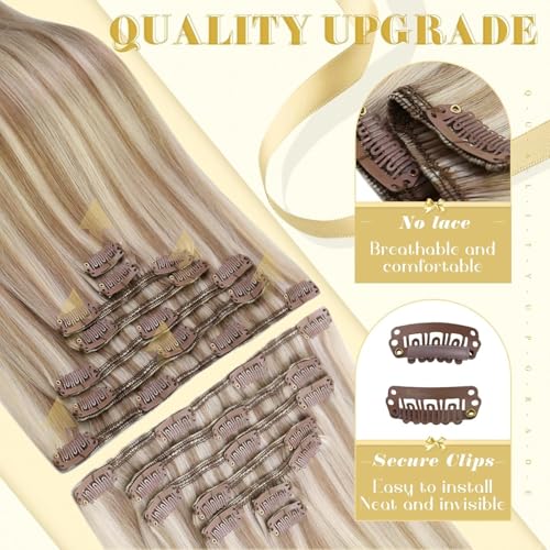 Clip in Hair Extensions Remy Human Hair Extensions for Women Real Hair Clip in Extensions Double Weft Dark Brown Balayage Medium Brown (12 inch-5pcs/80g, 14-24 inch-7pcs/120g)