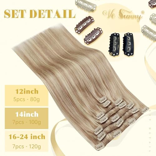 Clip in Hair Extensions Remy Human Hair Extensions for Women Real Hair Clip in Extensions Double Weft Dark Brown Balayage Medium Brown (12 inch-5pcs/80g, 14-24 inch-7pcs/120g)
