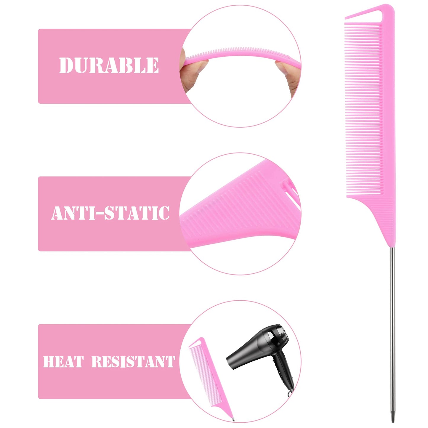 JANYUN 3 Pcs Rat Tail Combs Salon Hairdressing Comb with Stainless Steel Handle, Fine Tooth Combs for Women, Barber (Black White Pink)